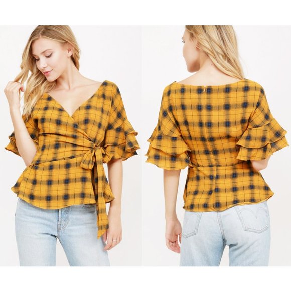 Mustard Plaid Check Ruffle Sleeves Wrap Tie Blouse - Picture 6 of 10
